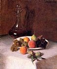 Famous Fruit Paintings - A Carafe of Wine and Plate of Fruit on a White Tablecloth